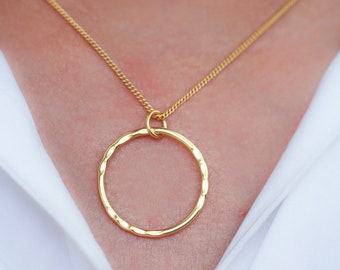 Large Circle Necklace, Hammered Circle Pendant Necklace, Dainty Open Circle Gold Necklace,  Gold Karma Necklace, Hammered Jewelry