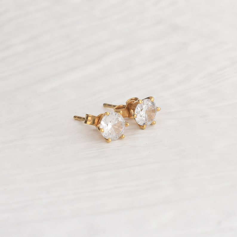 7 mm Cubic Zirconia Gold Stud, Screw Back CZ Gold Stud, Gold Earring, Prong Setting, Tiny Circle Earring, Minimalist Stud, Gift For Daughter image 1