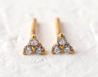 Three Stone CZ Stud Earrings, Triangle CZ Earrings, Simple Gold Stud Earrings, Dainty Stud Earrings, Cartilage Gold Stud, Tiny Studs