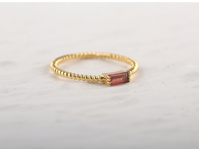 Garnet Ring, Baguette Garnet Gold Ring, Twisted Band, Baguette Ring, January Birthstone, Dainty Garnet Ring, Minimalist Stacking Ring image 3