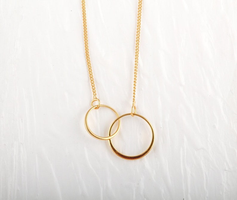 Double Linked Rings Necklace, Double Circle 14k Gold Charm, Karma Circle Necklace, Interlocking Family Circles Necklace, Birthday Gift image 3