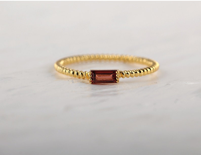 Garnet Ring, Baguette Garnet Gold Ring, Twisted Band, Baguette Ring, January Birthstone, Dainty Garnet Ring, Minimalist Stacking Ring image 2