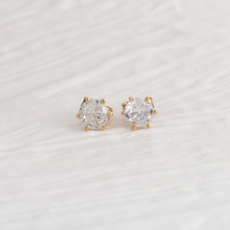 7 mm Cubic Zirconia Gold Stud, Screw Back CZ Gold Stud, Gold Earring, Prong Setting, Tiny Circle Earring, Minimalist Stud, Gift For Daughter image 2