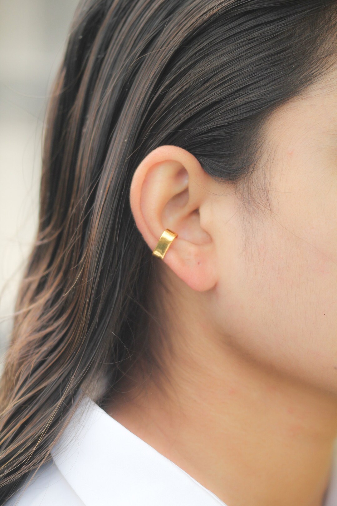 Lobe Cuff, 14K Gold Hoop, Thick Ear Lobe Cuff, Thin Suspender Hoop