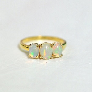 Ethiopian Opal Gold Ring, Opal Engagement Ring, Ethiopian Opal Ring, October Birthstone, Three Stone Ring, Healing Crystals, Ring For Women