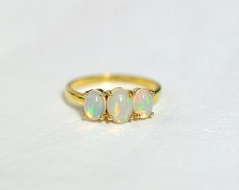 Ethiopian Opal Gold Ring, Opal Engagement Ring, Ethiopian Opal Ring, October Birthstone, Three Stone Ring, Healing Crystals, Ring For Women