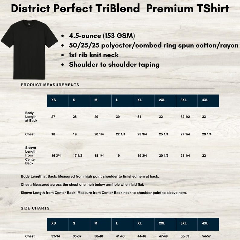 May include: A black District Perfect TriBlend Premium T-shirt is displayed, alongside product details. The shirt features a 1x1 rib knit neck and shoulder-to-shoulder taping. Measurement charts for body length, chest, and sleeve length are also included.