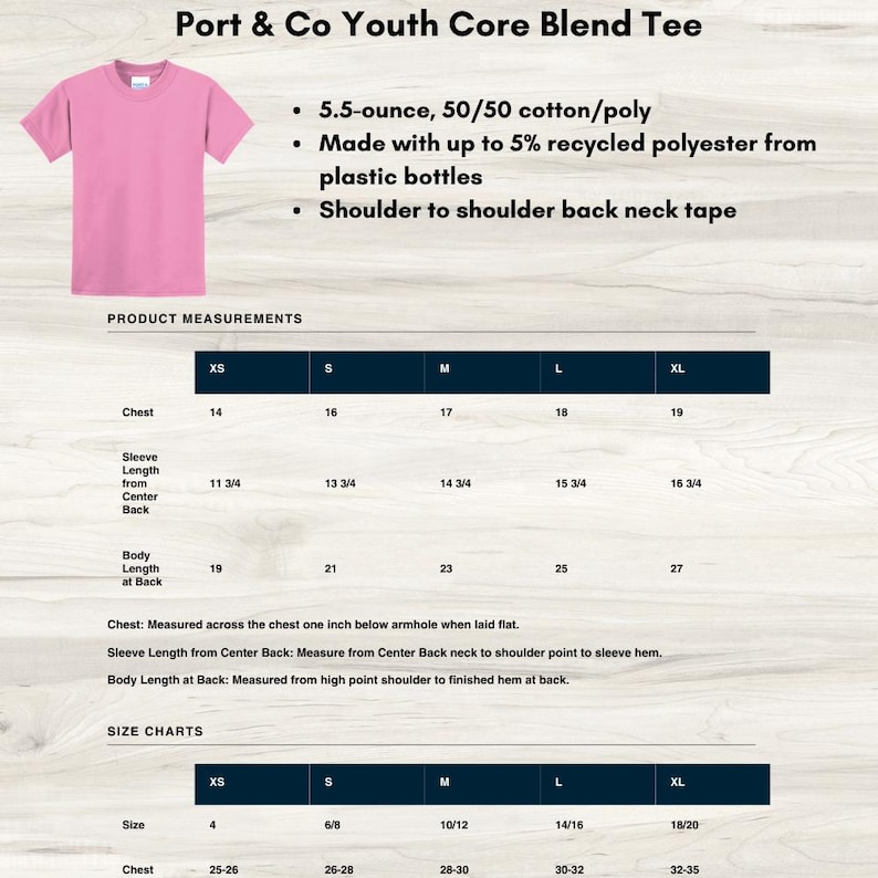 May include: A pink youth core blend tee shirt is displayed on a light background. The shirt is made of 5.5-ounce, 50/50 cotton/poly material with up to 5% recycled polyester. Product measurements and size charts are also shown.