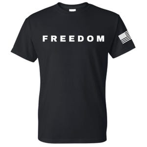 May include: Black t-shirt with the word "FREEDOM" printed in large white letters across the chest. A small American flag is printed on the left sleeve.