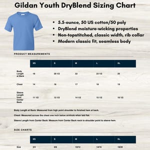 May include: A light blue Gildan Youth DryBlend t-shirt next to a sizing chart. The chart details measurements for XS to XL sizes, including body length, chest, and sleeve length in inches. The shirt features DryBlend moisture-wicking properties.
