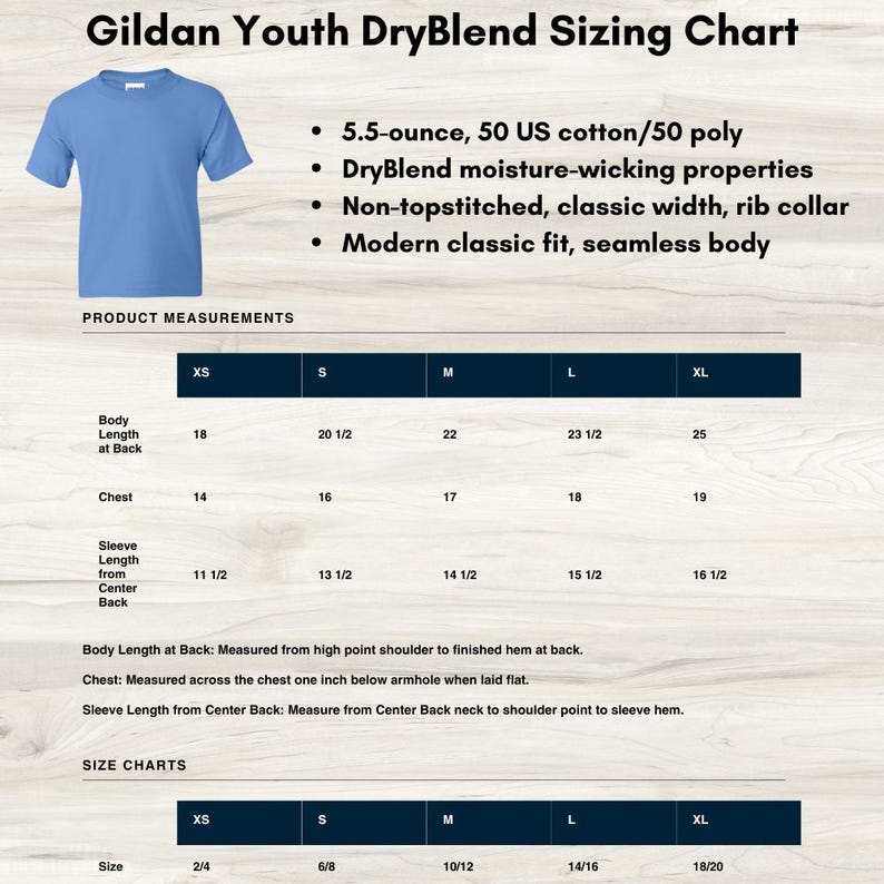 May include: A light blue Gildan Youth DryBlend t-shirt next to a sizing chart. The chart details measurements for XS to XL sizes, including body length, chest, and sleeve length in inches. The shirt features DryBlend moisture-wicking properties.