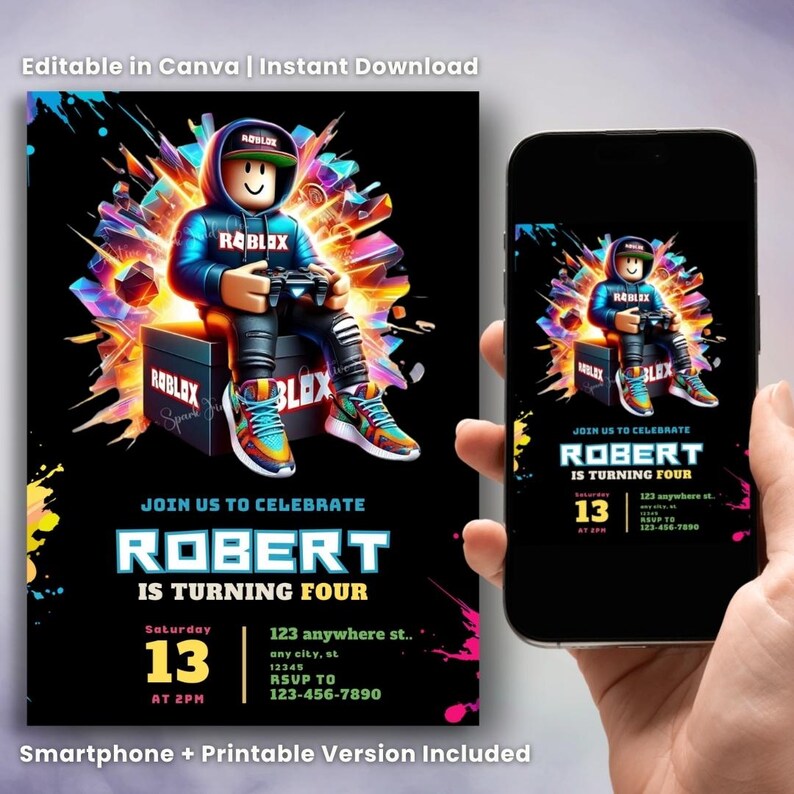 K&ouml;nnte beinhalten: Eine digitale Einladung f&uuml;r eine Geburtstagsfeier mit einer Roblox-Figur, die einen Gamecontroller h&auml;lt. Die Einladung ist schwarz mit farbenfrohen Akzenten und enth&auml;lt den Text "Feiern Sie mit uns Roberts vierten Geburtstag". Ein Smartphone zeigt die gleiche Einladung.