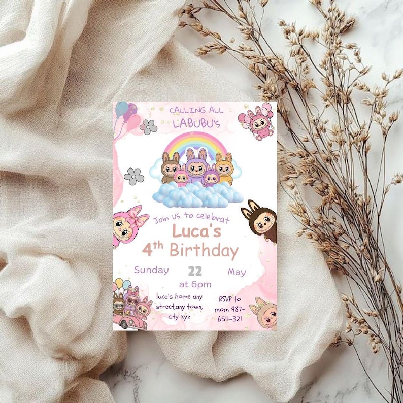 May include: A birthday invitation in pink and white, featuring cartoon characters, a rainbow, and the text "CALLING ALL LABUBU'S". It announces Luca's 4th birthday on May 22nd at 6 pm, with RSVP details.