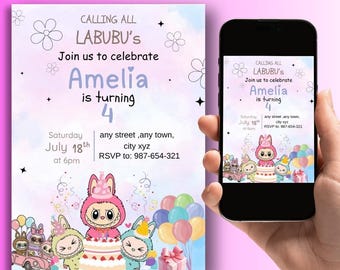 Labubu Birthday Invitation, Pastel Girl Party Invite, Canva Template (Digital Download)
