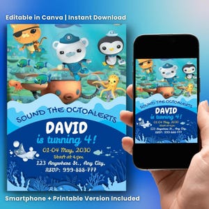 Könnte beinhalten: Eine digitale Einladung mit Octonauts-Charakteren. Die Einladung ist blau und weiß, mit dem Text "Sound the Octoalerts" und "David wird 4!" Enthält Datum, Uhrzeit und RSVP-Informationen für eine Geburtstagsparty.