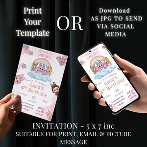 May include: A birthday invitation design with a colourful illustration of cartoon characters, a rainbow, and clouds. The invitation is shown on a printed card and a smartphone screen. Text includes "Calling All Labubu's" and "Luca's 4th Birthday". The invitation is 12.7 x 17.8 cm.