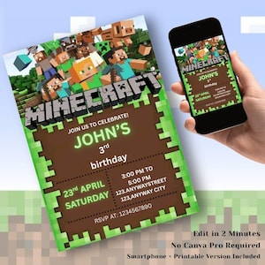 Unlock the Fun" Pixel Block Birthday Invitation: Editable Gamer Party Template with Instant Canva Access for Mobile Texting and Printing