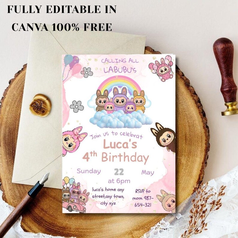 May include: A birthday invitation with the text "FULLY EDITABLE IN CANVA 100% FREE". The invitation features cartoon characters, a rainbow, and the text "Luca's 4th Birthday". The invitation is on a wooden surface.