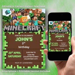 May include: A Minecraft-themed birthday invitation with the game's logo and characters. The invitation includes the text "Join us to celebrate! John's 3rd birthday" with date, time, and location details. A smartphone displays the same invitation.