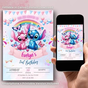 Könnte beinhalten: Eine Geburtstagseinladung mit einem rosa und blauen Cartoon-Paar, einem Regenbogen und Schmetterlingen. Die Einladung lautet "Evelyn's 3rd Birthday" mit Datum, Uhrzeit und RSVP-Informationen. Der Text "Editable in Canva | Instant Download" befindet sich oben.