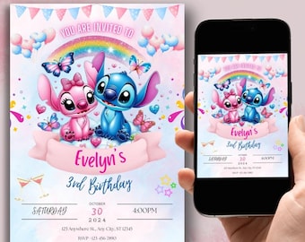 Stitch Angel Birthday Invitation, Pink Canva Template (Digital Download)