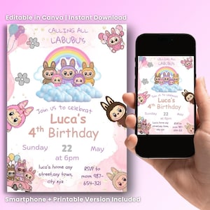 May include: A birthday invitation with a pink background, featuring cartoon characters, a rainbow, and the text "Luca's 4th Birthday." The invitation is shown on a smartphone and as a printable version. The design includes the text "Editable in Canva | Instant Download."