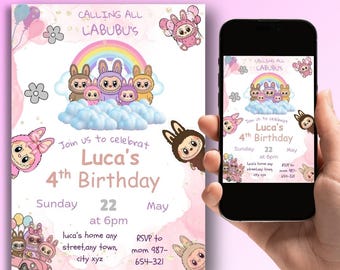 Invito di compleanno Labubu, invito per festa Pop Mart, modello Canva modificabile (download digitale)