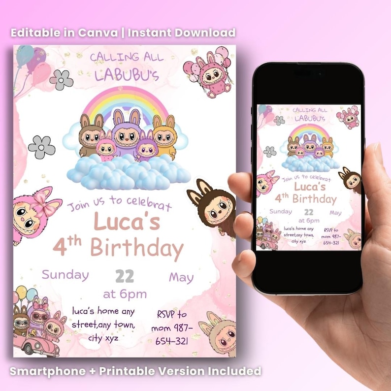 May include: A birthday invitation with a pink background, featuring cartoon characters, a rainbow, and the text "Luca's 4th Birthday." The invitation is shown on a smartphone and as a printable version. The design includes the text "Editable in Canva | Instant Download."