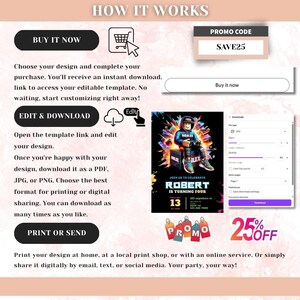 K&ouml;nnte beinhalten: Eine digitale Designvorlage mit Anweisungen zum Anpassen und Herunterladen. Das Design zeigt eine Roblox-Geburtstagseinladung mit dem Text "ROBERT IS TURNING FOUR". Enth&auml;lt einen Promo-Code f&uuml;r 25% Rabatt.
