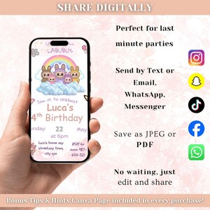 May include: A smartphone screen shows a birthday invitation for Luca's 4th birthday, with cartoon characters, a rainbow, and the text "LABUBU'S." The invitation includes date, time, and RSVP details. Social media icons are also visible in the image.