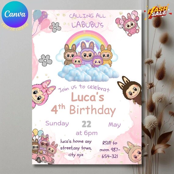 Editable Labubu Birthday Invitation | Canva Template (Digital Download)