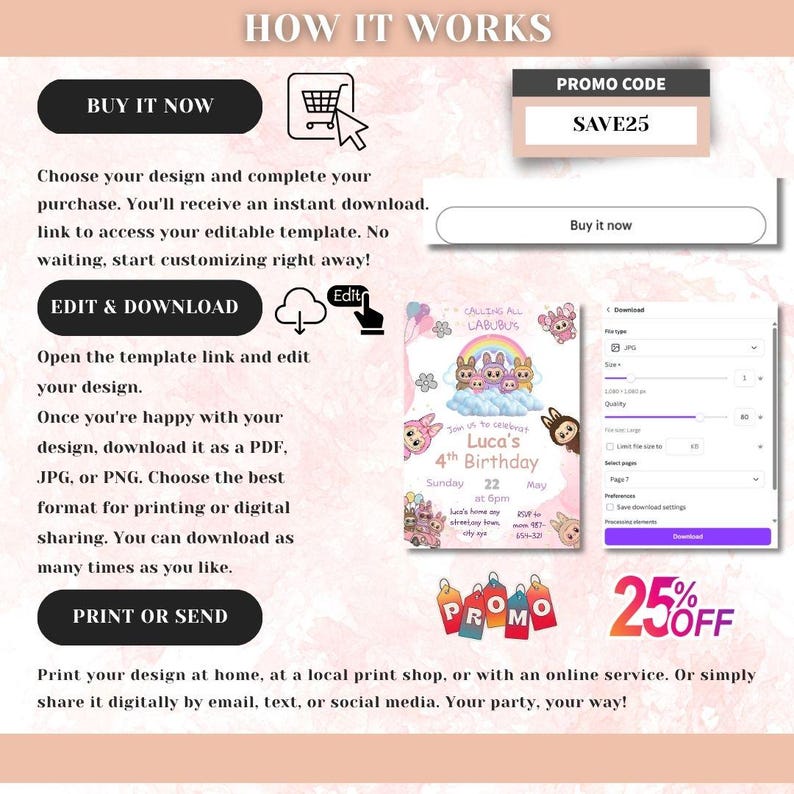 May include: A digital invitation template with instructions on how to customize and download. The design features a birthday theme with cartoon characters and the text "Luca's 4th Birthday". Includes a promo code for 25% off.