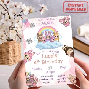 May include: A pink and white birthday invitation featuring cartoon bunnies, a rainbow, and the text "CALLING ALL LABUBU'S" and "Luca's 4th Birthday". The invitation also includes the words "INSTANT DOWNLOAD".