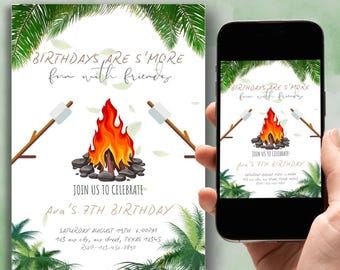 Invitación de cumpleaños con temática de camping, plantilla para fiesta de aventuras al aire libre (descarga digital)