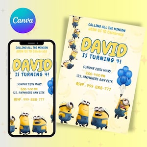 Minions Editable Birthday invitation ,Boys Invite , Minions Invitation, Minion party, Editable Invitation  Birthday Invitation, instant card