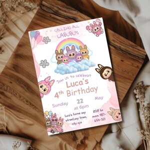 May include: A pink and white birthday invitation featuring cartoon bunny characters, a rainbow, and the text "Calling All Labubu's". The invitation reads "Join us to celebrate Luca's 4th Birthday" with date and time details.