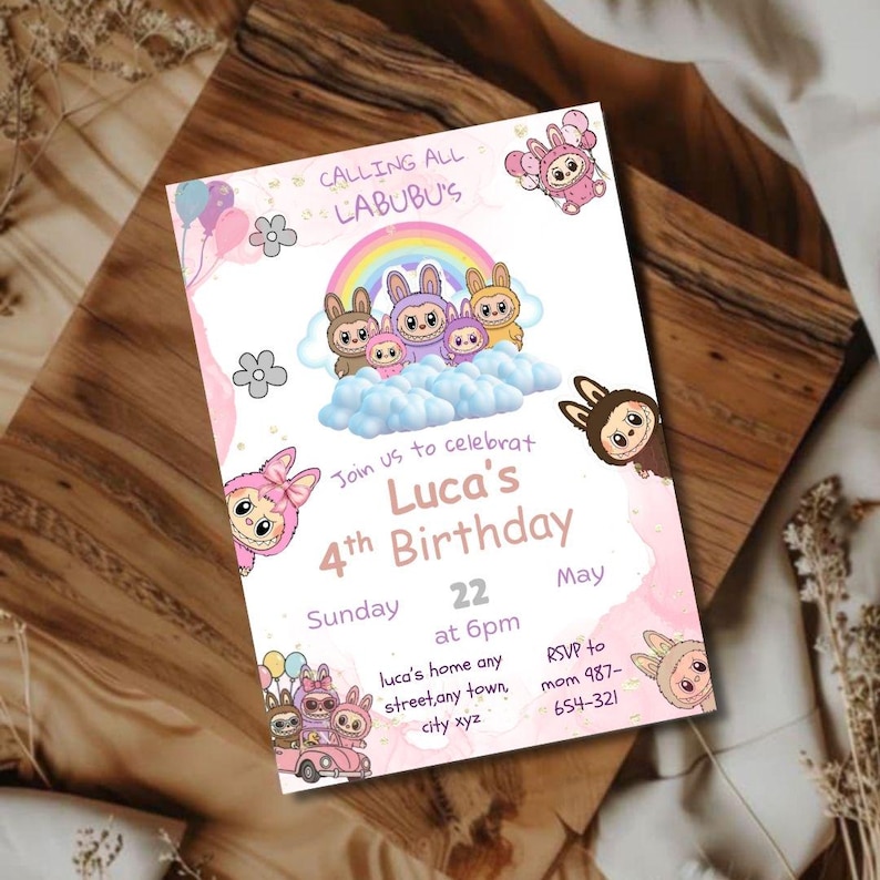 May include: A pink and white birthday invitation featuring cartoon bunny characters, a rainbow, and the text "Calling All Labubu's". The invitation reads "Join us to celebrate Luca's 4th Birthday" with date and time details.
