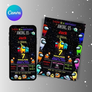 Onder ons verjaardagsuitnodiging, bewerkbare canva-sjabloon, gepersonaliseerde game-feestuitnodiging, digitale kinderen afdrukbare download, onder ons game-uitnodiging