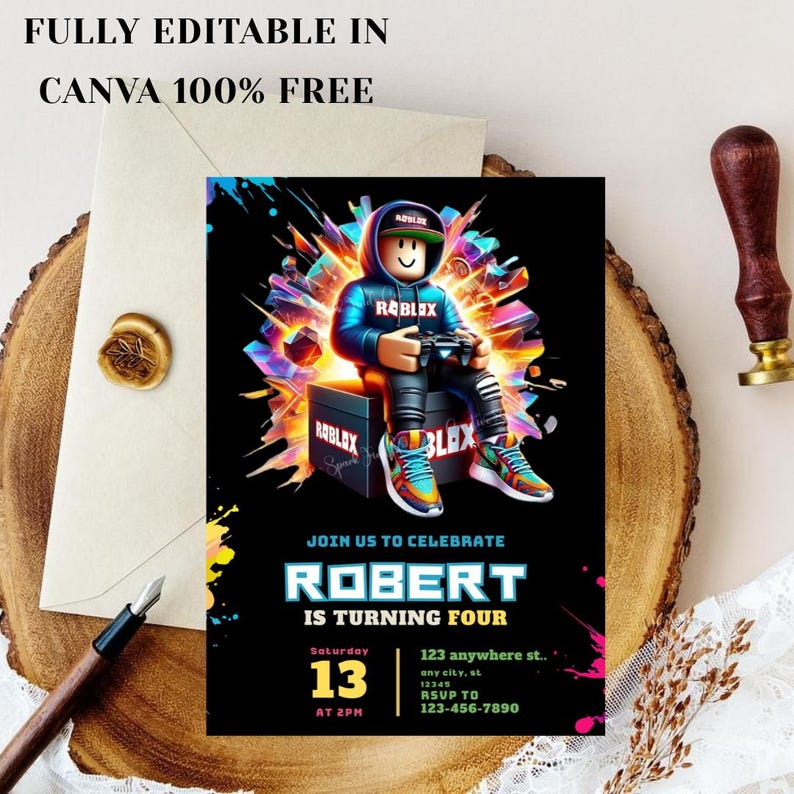 K&ouml;nnte beinhalten: Eine Geburtstagseinladung mit einer Roblox-Figur in einem blauen Kapuzenpullover, die einen Gamecontroller h&auml;lt. Die Einladung tr&auml;gt den Text "ROBERT WIRD VIER" mit Veranstaltungsdetails. Der Hintergrund ist schwarz mit bunten abstrakten Formen. Der Text "FULLY EDITABLE IN CANVA 100% FREE" steht oben.