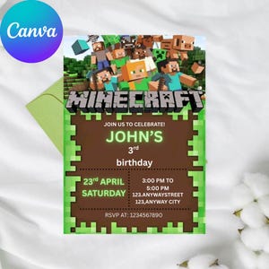 Pixel Block Birthday Invitation for Boys | Editable Canva Template | Gamer Party Digital Download Invite