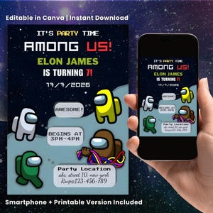 Könnte beinhalten: Eine digitale Einladung im "Among Us"-Design mit bunten Cartoon-Charakteren und dem Text "Elon James wird 7!". Die Einladung enthält Party-Details und wird auf einem Smartphone angezeigt.