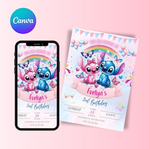 Stitch and Angel Birthday Invitation, Editable Canva Template, Cute Printable Party Invite for Kids, Instant Digital Download Birthday Evite