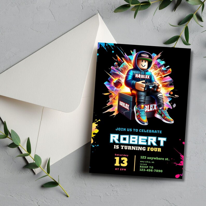 K&ouml;nnte beinhalten: Eine schwarze Geburtstagseinladung mit Roblox-Thema. Die Einladung zeigt eine Roblox-Figur, die einen Gamecontroller h&auml;lt, mit dem Text "ROBERT WIRD VIER". Enth&auml;lt Veranstaltungsdetails und RSVP-Informationen.