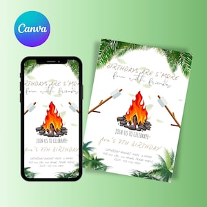 Invitación de cumpleaños de campamento con S'mores, invitación editable para fogata infantil, plantilla digital para fiesta de campamento al aire libre, descarga instantánea, cumpleaños con S'mores