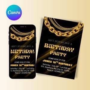 Hip Hop Party Invitation, 90s Birthday Invite, Gold Chain Theme, Digital Editable Canva Template, Instant Download, Birthday evite