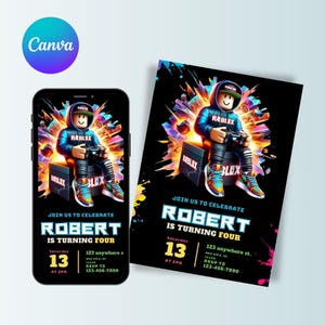 Invitación de cumpleaños de Roblox para niños, plantilla digital editable, invitación a fiesta de juegos infantiles, tarjeta imprimible personalizada de Roblox