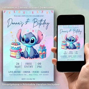Könnte beinhalten: Eine Geburtstagseinladung mit einer Cartoonfigur, Kuchen und Geschenken. Die Einladung lautet "Donnas 5. Geburtstag" mit Veranstaltungsdetails. Das Bild wird auf einem Smartphone und einer gedruckten Version angezeigt.