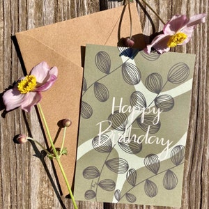 Postkarte Happy Birthday / Eukalyptus / Geburtstag / Grußkarte Karte / DIN A6 / Kraftpapier / Umschlag / Handmade Print / Alles Gute /Floral