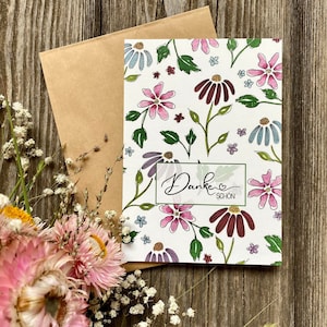 Postkarte Dankeschön / floral / Blümchen / Din A6 / Dankeskarte / Kraftpapier Umschlag / Handmade