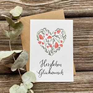 Postkarte Herzlichen Glückwunsch / florales Herz / DIN A6 / Gratulationskarte / Kraftpapier Umschlag / Handmade Print